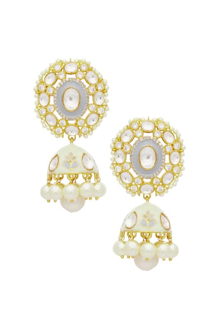 Shop_Moh-Maya By Disha Khatri_Gold Plated Meenakari Kundan Jhumkas _at_Aza_Fashions