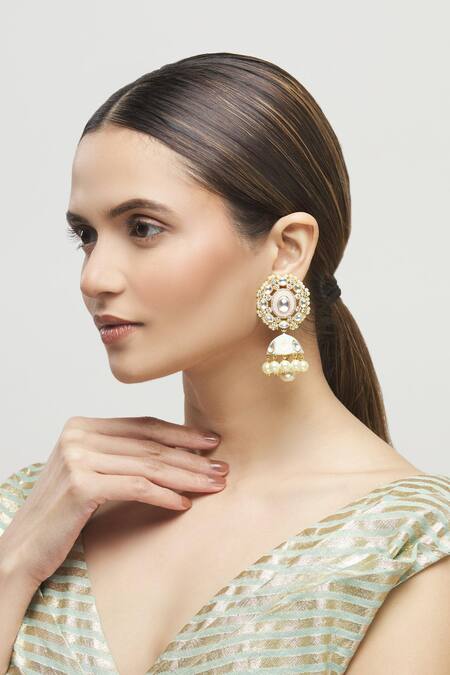 Buy Moh-Maya By Disha Khatri Gold Plated Pearl, Kundan, Meeenakari Jhumkas at Aza Fashions Buy_Moh-Maya By Disha Khatri_Gold Plated Pearl, Kundan, Meeenakari Jhumkas_at_Aza_Fashions