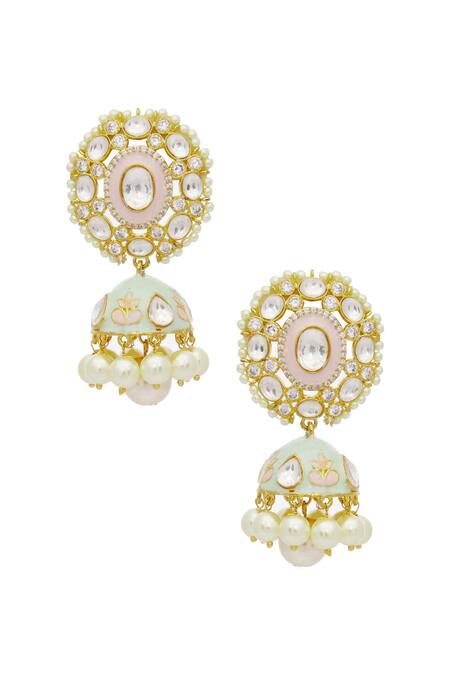 Shop Moh-Maya By Disha Khatri Gold Plated Pearl, Kundan, Meeenakari Jhumkas at Aza Fashions Shop_Moh-Maya By Disha Khatri_Gold Plated Pearl, Kundan, Meeenakari Jhumkas_at_Aza_Fashions