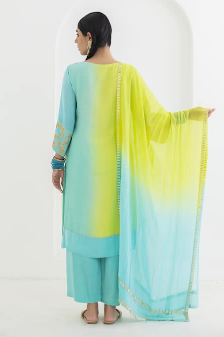 Shop Pooja Rajgarhia Gupta Blue Crepe, Georgette Embroidery, Sequins Boat Neck Mogra Leaf Ombre Kurta Set at Aza Fashions Shop_Pooja Rajgarhia Gupta_Blue Crepe, Georgette Embroidery, Sequins Boat Neck Mogra Leaf Ombre Kurta Set _at_Aza_Fashions