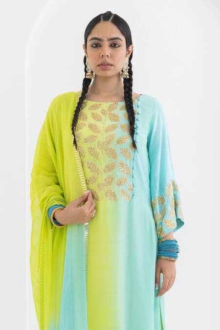 Pooja Rajgarhia Gupta Blue Crepe, Georgette Embroidery, Sequins Boat Neck Mogra Leaf Ombre Kurta Set Online at Aza Fashions Pooja Rajgarhia Gupta_Blue Crepe, Georgette Embroidery, Sequins Boat Neck Mogra Leaf Ombre Kurta Set _Online_at_Aza_Fashions