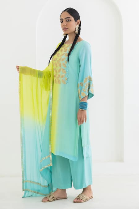 Buy Pooja Rajgarhia Gupta Blue Crepe, Georgette Embroidery, Sequins Boat Neck Mogra Leaf Ombre Kurta Set Online at Aza Fashions Buy_Pooja Rajgarhia Gupta_Blue Crepe, Georgette Embroidery, Sequins Boat Neck Mogra Leaf Ombre Kurta Set _Online_at_Aza_Fashions