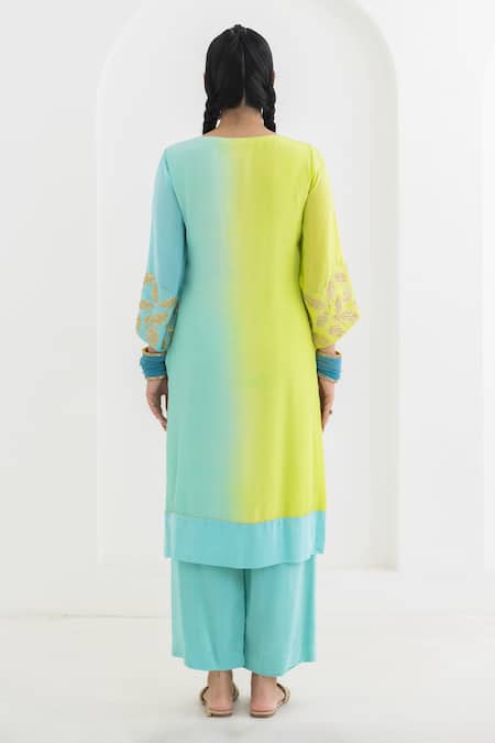 Shop Pooja Rajgarhia Gupta Blue Crepe, Georgette Embroidery, Sequins Boat Neck Mogra Leaf Ombre Kurta Set Online at Aza Fashions Shop_Pooja Rajgarhia Gupta_Blue Crepe, Georgette Embroidery, Sequins Boat Neck Mogra Leaf Ombre Kurta Set _Online_at_Aza_Fashions