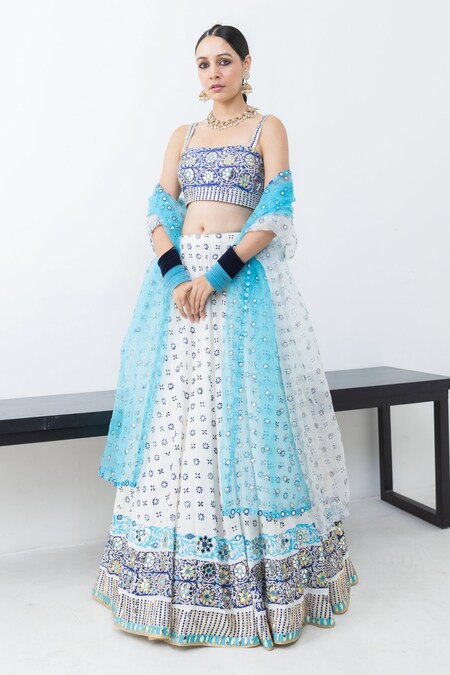 Pooja Rajgarhia Gupta Ivory Crepe Block Printed Floral Patterns Raatraani And Embroidered Lehenga Set