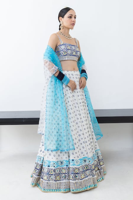 Pooja Rajgarhia Gupta Ivory Crepe, Organza Sequins, Mirrors, Raatraani Block Print And Lehenga Set Online at Aza Fashions Pooja Rajgarhia Gupta_Ivory Crepe, Organza Sequins, Mirrors, Raatraani Block Print And Lehenga Set _Online_at_Aza_Fashions
