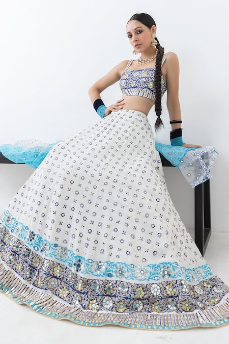 Buy Pooja Rajgarhia Gupta Ivory Crepe, Organza Sequins, Mirrors, Raatraani Block Print And Lehenga Set Online at Aza Fashions Buy_Pooja Rajgarhia Gupta_Ivory Crepe, Organza Sequins, Mirrors, Raatraani Block Print And Lehenga Set _Online_at_Aza_Fashions