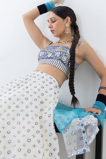 Shop Pooja Rajgarhia Gupta Ivory Crepe, Organza Sequins, Mirrors, Raatraani Block Print And Lehenga Set Online at Aza Fashions Shop_Pooja Rajgarhia Gupta_Ivory Crepe, Organza Sequins, Mirrors, Raatraani Block Print And Lehenga Set _Online_at_Aza_Fashions