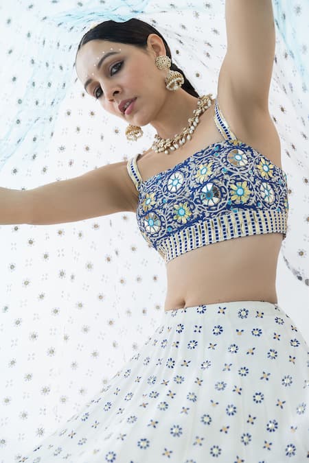 Pooja Rajgarhia Gupta Ivory Crepe, Organza Sequins, Mirrors, Raatraani Block Print And Lehenga Set at Aza Fashions Pooja Rajgarhia Gupta_Ivory Crepe, Organza Sequins, Mirrors, Raatraani Block Print And Lehenga Set _at_Aza_Fashions