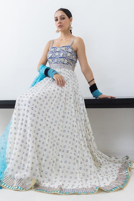 Shop Pooja Rajgarhia Gupta Ivory Georgette, Organza Mirrors, Raatraani Block Print Anarkali With Dupatta at Aza Fashions Shop_Pooja Rajgarhia Gupta_Ivory Georgette, Organza Mirrors, Raatraani Block Print Anarkali With Dupatta _at_Aza_Fashions