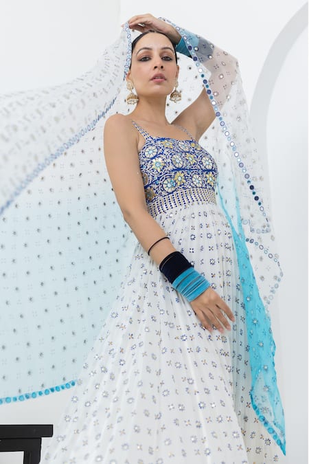 Pooja Rajgarhia Gupta Ivory Georgette, Organza Mirrors, Raatraani Block Print Anarkali With Dupatta Online at Aza Fashions Pooja Rajgarhia Gupta_Ivory Georgette, Organza Mirrors, Raatraani Block Print Anarkali With Dupatta _Online_at_Aza_Fashions