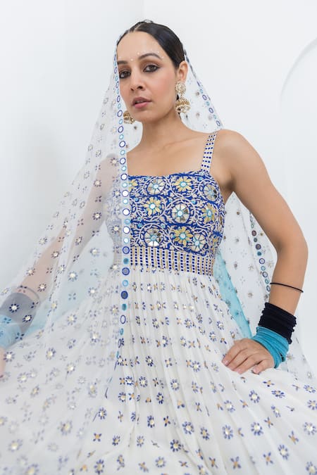 Buy Pooja Rajgarhia Gupta Ivory Georgette, Organza Mirrors, Raatraani Block Print Anarkali With Dupatta Online at Aza Fashions Buy_Pooja Rajgarhia Gupta_Ivory Georgette, Organza Mirrors, Raatraani Block Print Anarkali With Dupatta _Online_at_Aza_Fashions