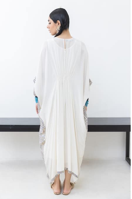 Shop Pooja Rajgarhia Gupta Ivory Crepe Embroidery Round Neck Chandrama Placket Kaftan at Aza Fashions Shop_Pooja Rajgarhia Gupta_Ivory Crepe Embroidery Round Neck Chandrama Placket Kaftan _at_Aza_Fashions