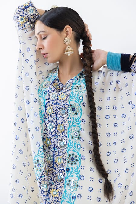 Buy Pooja Rajgarhia Gupta Ivory Crepe, Satin Sequins, Mirrors Indu Floral Embroidered Kaftan And Trouser Set Online at Aza Fashions Buy_Pooja Rajgarhia Gupta_Ivory Crepe, Satin Sequins, Mirrors Indu Floral Embroidered Kaftan And Trouser Set _Online_at_Aza_Fashions