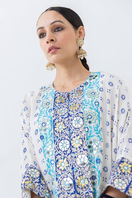 Shop Pooja Rajgarhia Gupta Ivory Crepe, Satin Sequins, Mirrors Indu Floral Embroidered Kaftan And Trouser Set Online at Aza Fashions Shop_Pooja Rajgarhia Gupta_Ivory Crepe, Satin Sequins, Mirrors Indu Floral Embroidered Kaftan And Trouser Set _Online_at_Aza_Fashions