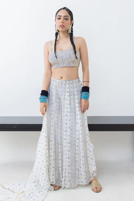 Pooja Rajgarhia Gupta Off White Georgette Block Printed Floral Shwet Draped Trouser Bustier Set