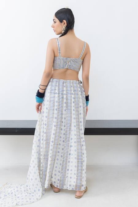 Shop Pooja Rajgarhia Gupta Off White Georgette, Modal Sequins, Shwet Block Print Draped Trouser Bustier Set at Aza Fashions Shop_Pooja Rajgarhia Gupta_Off White Georgette, Modal Sequins, Shwet Block Print Draped Trouser Bustier Set _at_Aza_Fashions