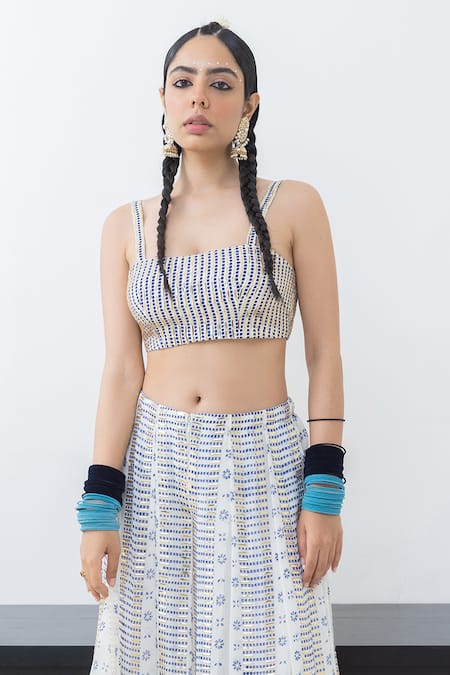 Pooja Rajgarhia Gupta Off White Georgette, Modal Sequins, Shwet Block Print Draped Trouser Bustier Set Online at Aza Fashions Pooja Rajgarhia Gupta_Off White Georgette, Modal Sequins, Shwet Block Print Draped Trouser Bustier Set _Online_at_Aza_Fashions