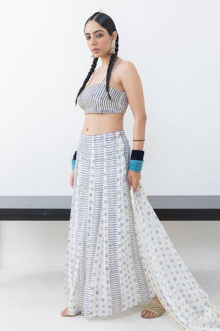 Buy Pooja Rajgarhia Gupta Off White Georgette, Modal Sequins, Shwet Block Print Draped Trouser Bustier Set Online at Aza Fashions Buy_Pooja Rajgarhia Gupta_Off White Georgette, Modal Sequins, Shwet Block Print Draped Trouser Bustier Set _Online_at_Aza_Fashions
