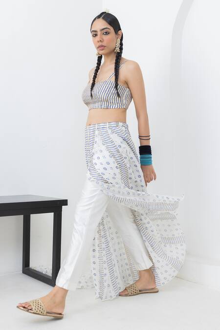 Shop Pooja Rajgarhia Gupta Off White Georgette, Modal Sequins, Shwet Block Print Draped Trouser Bustier Set Online at Aza Fashions Shop_Pooja Rajgarhia Gupta_Off White Georgette, Modal Sequins, Shwet Block Print Draped Trouser Bustier Set _Online_at_Aza_Fashions