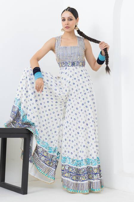 Pooja Rajgarhia Gupta_Off White Crepe Sequins, Mirrors Square Indu Floral Print And Embellished Jumpsuit _Online_at_Aza_Fashions