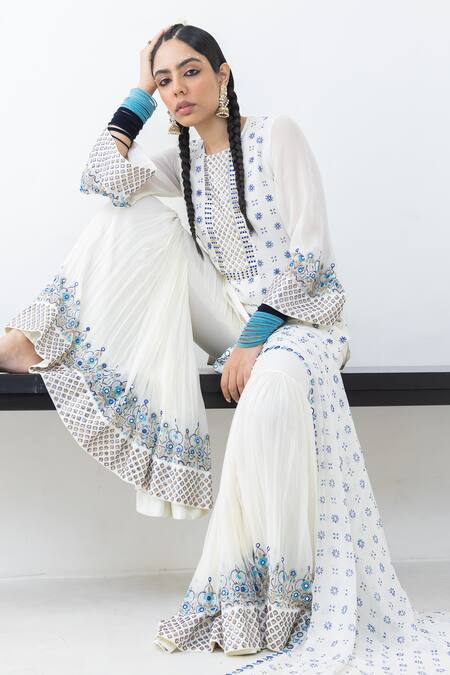 Shop Pooja Rajgarhia Gupta Off White Georgette Embroidery, Raatraani Floral Print Kurta Sharara Set at Aza Fashions Shop_Pooja Rajgarhia Gupta_Off White Georgette Embroidery, Raatraani Floral Print Kurta Sharara Set _at_Aza_Fashions