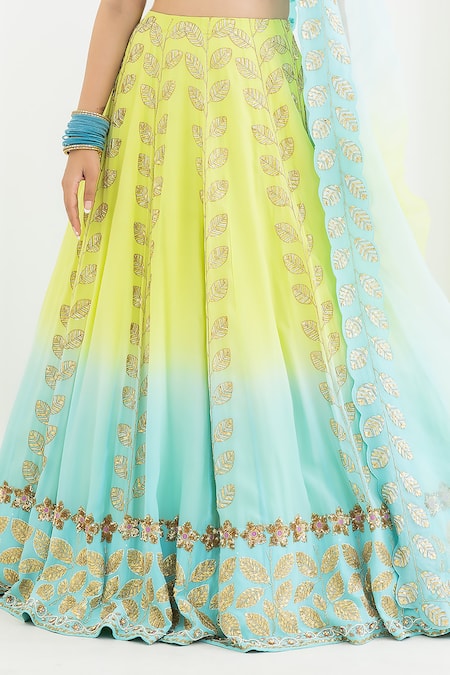 Pooja Rajgarhia Gupta Blue Crepe, Organza Embroidery, Sequins Square Champa Leaf Ombre Lehenga Set Online at Aza Fashions Pooja Rajgarhia Gupta_Blue Crepe, Organza Embroidery, Sequins Square Champa Leaf Ombre Lehenga Set _Online_at_Aza_Fashions