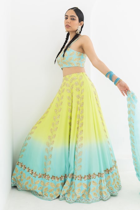 Buy Pooja Rajgarhia Gupta Blue Crepe, Organza Embroidery, Sequins Square Champa Leaf Ombre Lehenga Set Online at Aza Fashions Buy_Pooja Rajgarhia Gupta_Blue Crepe, Organza Embroidery, Sequins Square Champa Leaf Ombre Lehenga Set _Online_at_Aza_Fashions