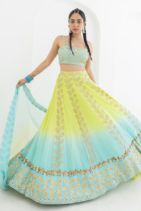 Shop Pooja Rajgarhia Gupta Blue Crepe, Organza Embroidery, Sequins Square Champa Leaf Ombre Lehenga Set Online at Aza Fashions Shop_Pooja Rajgarhia Gupta_Blue Crepe, Organza Embroidery, Sequins Square Champa Leaf Ombre Lehenga Set _Online_at_Aza_Fashions