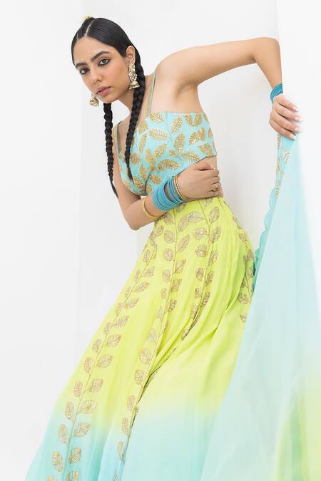 Pooja Rajgarhia Gupta Blue Crepe, Organza Embroidery, Sequins Square Champa Leaf Ombre Lehenga Set at Aza Fashions Pooja Rajgarhia Gupta_Blue Crepe, Organza Embroidery, Sequins Square Champa Leaf Ombre Lehenga Set _at_Aza_Fashions