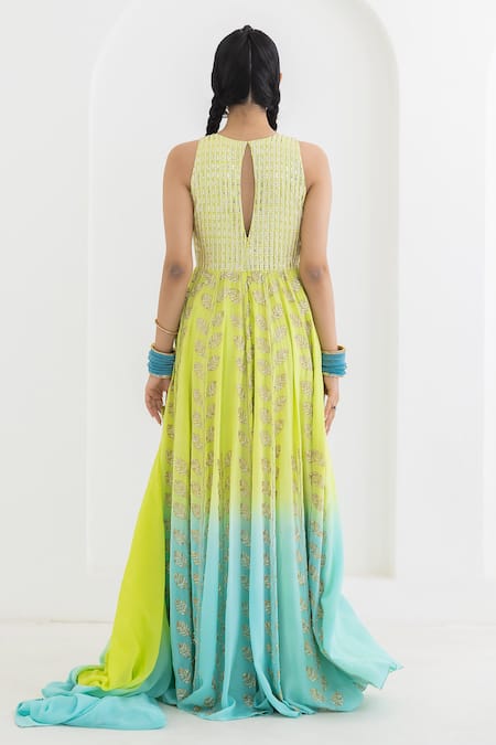 Shop Pooja Rajgarhia Gupta Blue Crepe, Georgette Sequins Champa Leaf Patterns Ombre Anarkali With Dupatta at Aza Fashions Shop_Pooja Rajgarhia Gupta_Blue Crepe, Georgette Sequins Champa Leaf Patterns Ombre Anarkali With Dupatta _at_Aza_Fashions