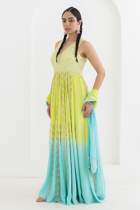 Pooja Rajgarhia Gupta Blue Crepe, Georgette Sequins Champa Leaf Patterns Ombre Anarkali With Dupatta Online at Aza Fashions Pooja Rajgarhia Gupta_Blue Crepe, Georgette Sequins Champa Leaf Patterns Ombre Anarkali With Dupatta _Online_at_Aza_Fashions