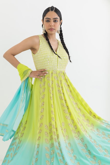 Buy Pooja Rajgarhia Gupta Blue Crepe, Georgette Sequins Champa Leaf Patterns Ombre Anarkali With Dupatta Online at Aza Fashions Buy_Pooja Rajgarhia Gupta_Blue Crepe, Georgette Sequins Champa Leaf Patterns Ombre Anarkali With Dupatta _Online_at_Aza_Fashions