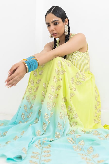 Shop Pooja Rajgarhia Gupta Blue Crepe, Georgette Sequins Champa Leaf Patterns Ombre Anarkali With Dupatta Online at Aza Fashions Shop_Pooja Rajgarhia Gupta_Blue Crepe, Georgette Sequins Champa Leaf Patterns Ombre Anarkali With Dupatta _Online_at_Aza_Fashions