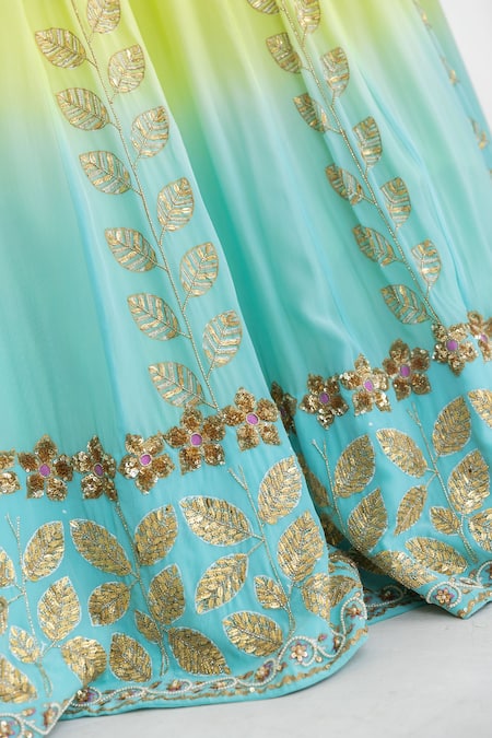 Pooja Rajgarhia Gupta Blue Georgette, Crepe Sequins Plunge Neck Mogra Leaf Embroidered Ombre Jumpsuit Online at Aza Fashions Pooja Rajgarhia Gupta_Blue Georgette, Crepe Sequins Plunge Neck Mogra Leaf Embroidered Ombre Jumpsuit _Online_at_Aza_Fashions