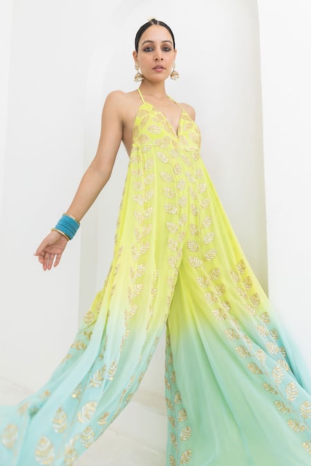 Shop Pooja Rajgarhia Gupta Blue Georgette, Crepe Sequins Plunge Neck Mogra Leaf Embroidered Ombre Jumpsuit Online at Aza Fashions Shop_Pooja Rajgarhia Gupta_Blue Georgette, Crepe Sequins Plunge Neck Mogra Leaf Embroidered Ombre Jumpsuit _Online_at_Aza_Fashions