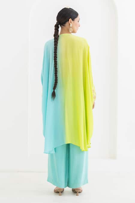 Shop Pooja Rajgarhia Gupta Blue Crepe Embroidery Round Neck Mogra Leaf Pattern Ombre Kaftan And Pant Set at Aza Fashions Shop_Pooja Rajgarhia Gupta_Blue Crepe Embroidery Round Neck Mogra Leaf Pattern Ombre Kaftan And Pant Set _at_Aza_Fashions