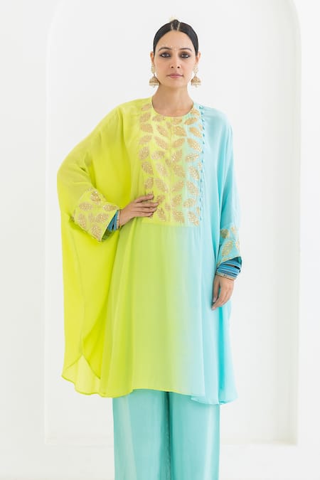 Pooja Rajgarhia Gupta Blue Crepe Embroidery Round Neck Mogra Leaf Pattern Ombre Kaftan And Pant Set Online at Aza Fashions Pooja Rajgarhia Gupta_Blue Crepe Embroidery Round Neck Mogra Leaf Pattern Ombre Kaftan And Pant Set _Online_at_Aza_Fashions