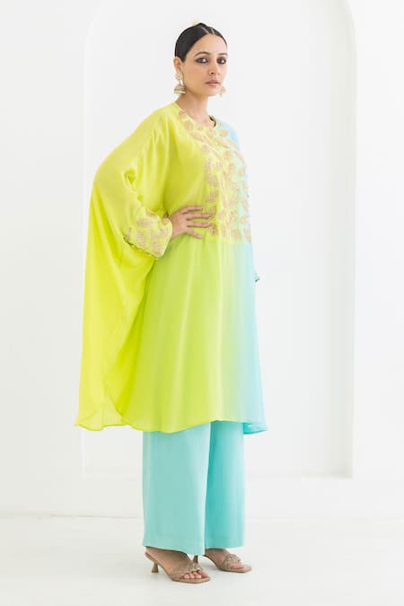 Buy Pooja Rajgarhia Gupta Blue Crepe Embroidery Round Neck Mogra Leaf Pattern Ombre Kaftan And Pant Set Online at Aza Fashions Buy_Pooja Rajgarhia Gupta_Blue Crepe Embroidery Round Neck Mogra Leaf Pattern Ombre Kaftan And Pant Set _Online_at_Aza_Fashions