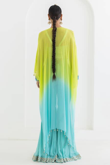 Shop Pooja Rajgarhia Gupta Blue Georgette Embroidery, Beads, Sequins, Mogra Ombre Cape With Sharara Set at Aza Fashions Shop_Pooja Rajgarhia Gupta_Blue Georgette Embroidery, Beads, Sequins, Mogra Ombre Cape With Sharara Set _at_Aza_Fashions