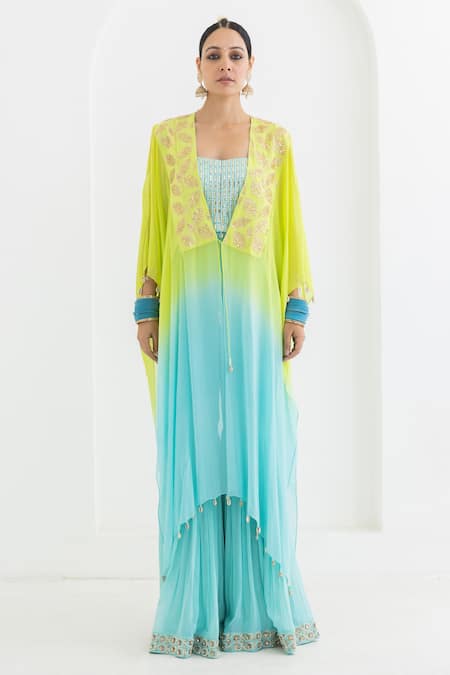 Pooja Rajgarhia Gupta Blue Georgette Embroidery, Beads, Sequins, Mogra Ombre Cape With Sharara Set Online at Aza Fashions Pooja Rajgarhia Gupta_Blue Georgette Embroidery, Beads, Sequins, Mogra Ombre Cape With Sharara Set _Online_at_Aza_Fashions
