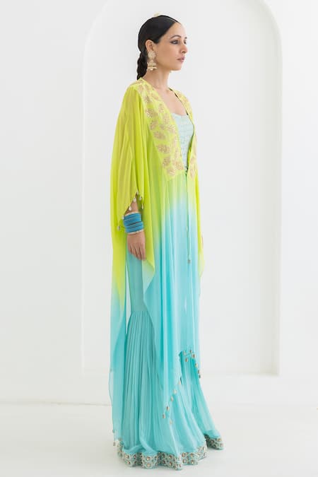 Buy Pooja Rajgarhia Gupta Blue Georgette Embroidery, Beads, Sequins, Mogra Ombre Cape With Sharara Set Online at Aza Fashions Buy_Pooja Rajgarhia Gupta_Blue Georgette Embroidery, Beads, Sequins, Mogra Ombre Cape With Sharara Set _Online_at_Aza_Fashions