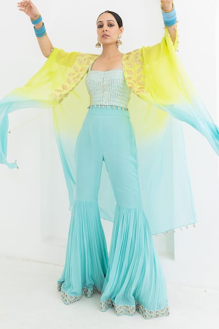 Pooja Rajgarhia Gupta Blue Georgette Embroidery, Beads, Sequins, Mogra Ombre Cape With Sharara Set at Aza Fashions Pooja Rajgarhia Gupta_Blue Georgette Embroidery, Beads, Sequins, Mogra Ombre Cape With Sharara Set _at_Aza_Fashions