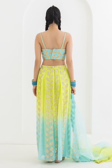 Shop Pooja Rajgarhia Gupta Blue Georgette Embroidery Square Neck Mogra Leaf Draped Trouser Bustier Set at Aza Fashions Shop_Pooja Rajgarhia Gupta_Blue Georgette Embroidery Square Neck Mogra Leaf Draped Trouser Bustier Set _at_Aza_Fashions