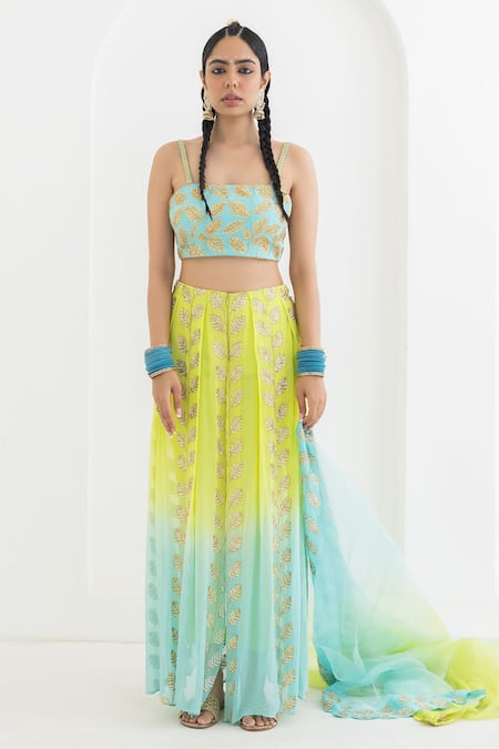 Pooja Rajgarhia Gupta Blue Georgette Embroidery Square Neck Mogra Leaf Draped Trouser Bustier Set Online at Aza Fashions Pooja Rajgarhia Gupta_Blue Georgette Embroidery Square Neck Mogra Leaf Draped Trouser Bustier Set _Online_at_Aza_Fashions