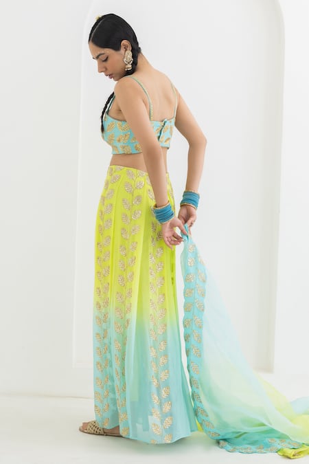 Buy Pooja Rajgarhia Gupta Blue Georgette Embroidery Square Neck Mogra Leaf Draped Trouser Bustier Set Online at Aza Fashions Buy_Pooja Rajgarhia Gupta_Blue Georgette Embroidery Square Neck Mogra Leaf Draped Trouser Bustier Set _Online_at_Aza_Fashions