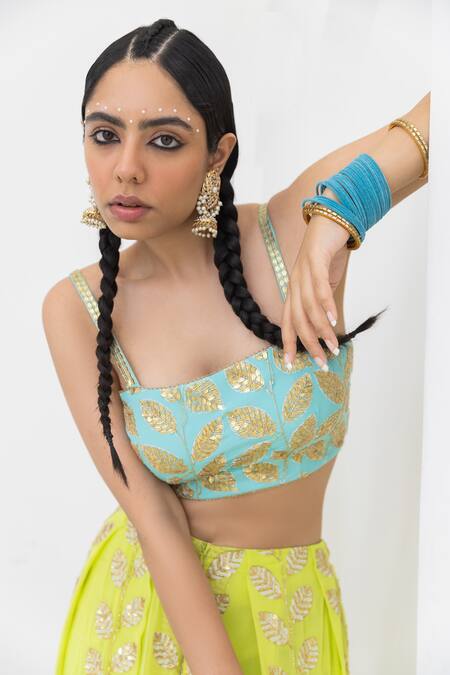 Shop Pooja Rajgarhia Gupta Blue Georgette Embroidery Square Neck Mogra Leaf Draped Trouser Bustier Set Online at Aza Fashions Shop_Pooja Rajgarhia Gupta_Blue Georgette Embroidery Square Neck Mogra Leaf Draped Trouser Bustier Set _Online_at_Aza_Fashions