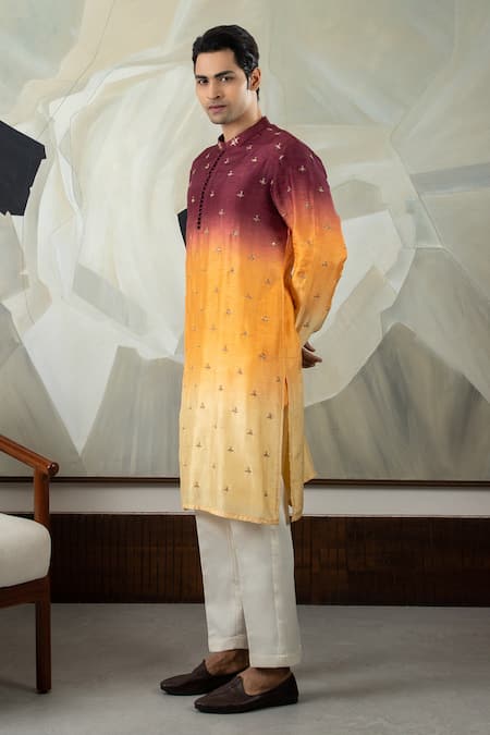 Smriti By Anju Agarwal_Brown Silk, Cotton Embroidery, Zari, Sequins Dwij Kurta Set _Online_at_Aza_Fashions