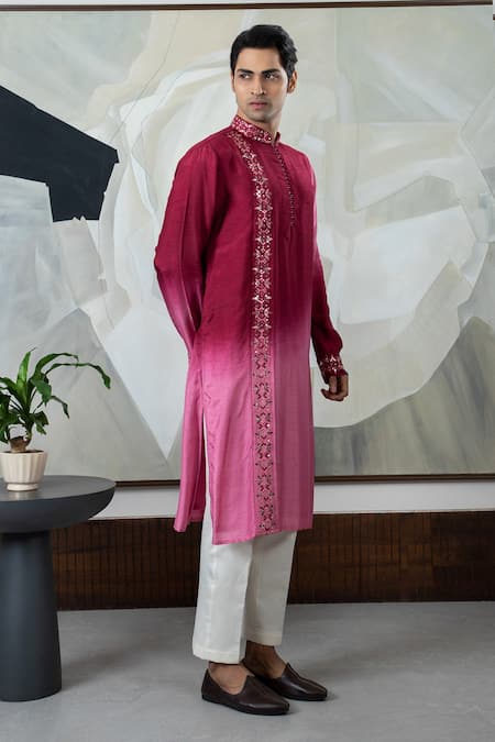 Smriti By Anju Agarwal_Maroon Silk, Maheshwari, Cotton Mirrors, Sequins Ombre Embroidered Kurta Set _Online_at_Aza_Fashions