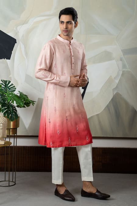 Buy_Smriti By Anju Agarwal_Peach Silk, Cotton Embroidery Geometric Butti Kurta With Pajama _Online_at_Aza_Fashions