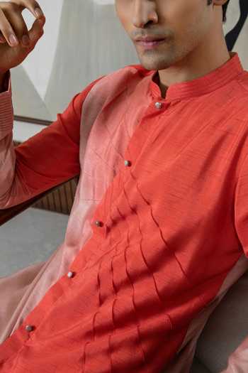 Shop_Smriti By Anju Agarwal_Peach Silk, Cotton Dual Ombre Effect Kurta With Pajama _Online_at_Aza_Fashions